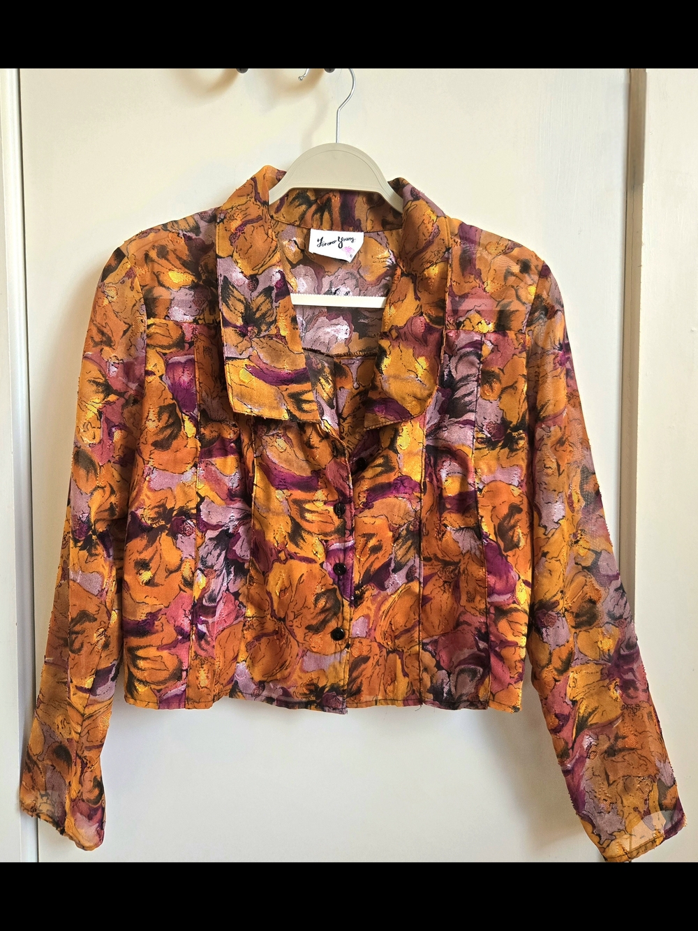 Vintage Forever Young Orange Floral Print Cropped Jacket with Purple Accents